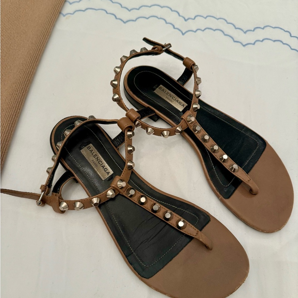Balenciaga Brown Studded Sandals with T-Strap Design
